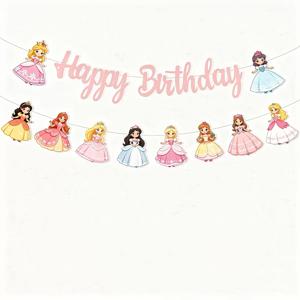 핑크 만화 공주 생일 배너, 공주 캐릭터 요소, 핑크 테일 스타일, 공주와 생일 파티 용품, 결혼식, 티 파티, 생일 파티, 자매 모임 사진 장식 소품으로 적합