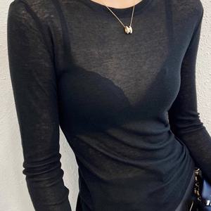 여성 봄/여름 베이스 셔츠 속옷 슬림핏 긴팔 얇은 티셔츠 약간 시스루 아이스 섬유 원단 탑