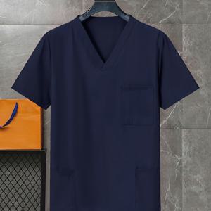남성용 V넥 멀티 포켓 반팔 캐주얼 작업복 상의, 치과 간호사 뷰티 살롱 수술실 스크럽에 적합한 일체형 셔츠