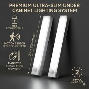 2pcs Modern LED Motion Sensor Strip Lights USB Rechargeable Magnetic Wall Lights Suitable for Hallway, Indoor Dark Corners, with Warm/Cool (No), Corded for Gifts, No-Drill Installation