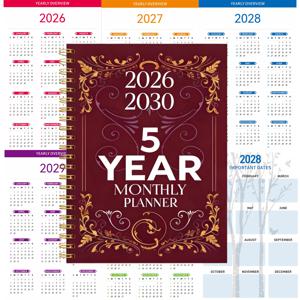 1 2026-2030 월 플래너, 5년 월별 스케줄, 연도 캘린더 플래너, 월 탭, 60개월 캘린더, A5 사이즈, 두꺼운 종이 71매/142페이지, 탄성 커버, 스프링 제본