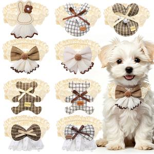 랜덤 3/5개 귀여운 레이스 애견 강아지 보우 타이 칼라 체크 무늬 곰 토끼 디자인 강아지 목걸이 탄성 레이스 애견 미용 용품