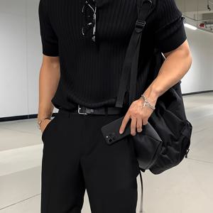 남성용 단색 스탠드 칼라 니트 반팔 스웨터 봄/여름 캐주얼 셔츠