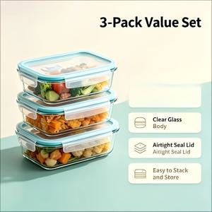 3개 세트 400ml 뚜껑 있는 소형 유리 식품 보관 용기, 전자레인지 및 냉동고 사용 가능 밀폐형 유리 도시락통, 주방 냉장고 보관용 적층형 식품 용기