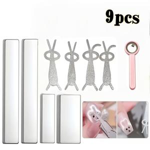 9개 고양이 눈 네일 쉐이핑 도구, 귀여운 접힌 귀 토끼와 곰 패턴, 네일용 자석 스틱, 고양이 눈 몰드 키트, 네일 스타일링 도구