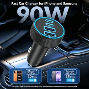 고속 90W 알루미늄 차량용 충전기 - 아이폰, 갤럭시, 태블릿, 안드로이드용 4-In-1 디자인 (45W USB-C 포트 2개, USB-A 포트 포함) - 차량용 충전기, 배터리 없음