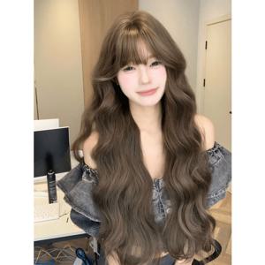 애쉬 브라운 앞머리 있는 긴 웨이비 가발, 고밀도 풍성한 볼륨 인조머리, 자연스러운 부드러운 웨이브 여성용 가발