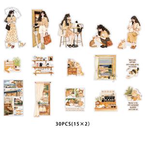Etori Life 힐링 고양이 카페와 소녀스러운 귀여운 풍경 일러스트 스티커 30개, 노트북, 휴대폰, 핸드백, 기타, 스케이트보드, 스티커북, 자전거 및 헬멧용, 스크랩북킹 용품, 방 꾸미기, 예술적 미학, 친구 선물, 사이클링 데칼