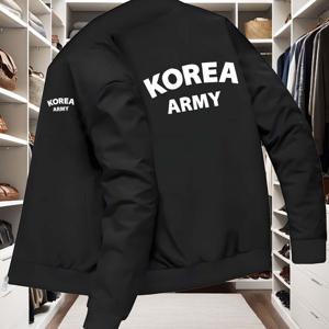 남성 프린트 패턴 디자인 재킷, KOREA ARMY 레터 프린트 재킷, 볼드 폰트, 스트리트 캐주얼 스타일, 지퍼 앞면, 포켓 스탠드 칼라 - 세탁기 사용 가능한 폴리에스터 원단, 캐주얼 비즈니스 및 데일리 웨어, 남성용 긴팔 아우터