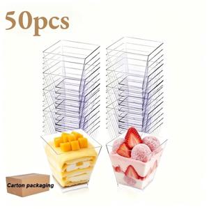 투명 사다리꼴형 디저트 컵 50개 – 무스, 케이크, , 요거트, 푸딩, 소스 & 미니 간식용 견고한 적층형 디자인 – 연회, 케이터링, 베이킹 전시회 & 가정 축하용으로 이상적인 내구성 있는 테이블 서빙용품