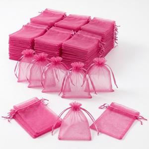 99개 핫 핑크 오간자 선물 가방 드로스트링 파우치, 웨딩 파티 답례품 생일 베이비 샤워, 간식, 공예 보관, 소규모 사업 상품 포장 및 소매점 진열용 셰어 메시 주얼리 가방 (이중 리본 드로스트링 포함)