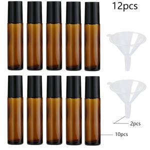 10ml 에센셜 오일 볼 병 12개 세트 - 호박색 유리 볼병 10개+플라스틱 깔때기 2개 포함, 스테인리스 스틸 볼과 뚜껑, 보조병, 여행용, 향수, 립글로스, 아이크림, 에센셜 오일에 적합, 친구를 위한 훌륭한 선물