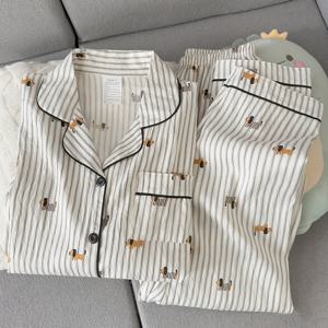 여성용 파자마 봄 가을 신상 강아지 우아한 긴팔 긴바지 홈웨어 패션 캐주얼 클래식 2피스 세트 여성용 홈 슬립웨어 얇은 여름 에어컨룰 아웃피트