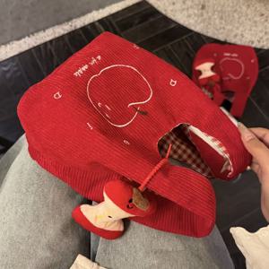 1개: 새로운 가을 겨울용 레드 코듀로이 사과 핸드백 + 사과 펜던트, 크리스마스 이브 사과 테마 사탕 바구니, 귀여운 소형 핸드백, 출퇴근용 경량 다용도