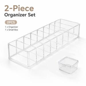 1개 8칸 투명 아크릴 메이크업 정리함 + 1개 보관 용기, 고투명 탁상용 화장품 정리함, 립스틱, 아이섀도우, 파우더, 제품을 위한 다중 칸 구획, 투명하고 쉽게 접근 가능, 매끄럽고 버 없음, 화장대를 깔끔하고 정돈되게 유지