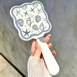 빈티지 블루 조개껍질 구름 핸드헬드 화장 거울, 물결무늬 비정형 프레임 긴 손잡이 휴대용 핸드 미러, 미적 바다 여행용 화장품 거울