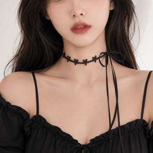 별 패치 블랙 끈 레이스 리본 초커 여성 타이 목걸이