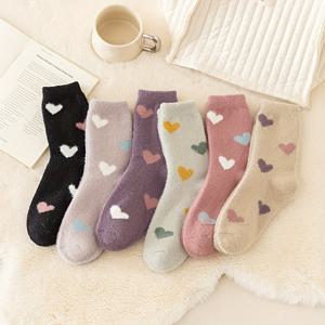 6팩 여성용 미드 캐프 플러시 양말, 컬러풀 하트 디자인, 두꺼운 보온 안감, 가을 겨울용 홈 플로어 양말, 추운 날씨용
