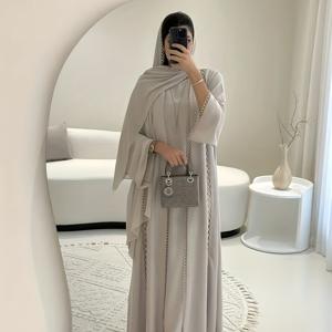 레이스 장식 오픈 로브 세트, 민소매 슬립 드레스 및 쉬폰 헤드 스카프 - 가볍고 편안하며 통기성이 좋음