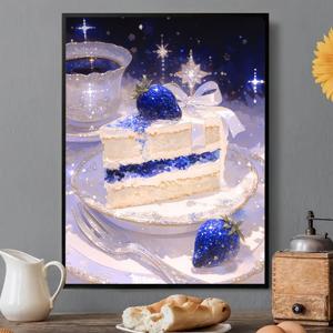 블루베리 케이크 디자인 5D DIY 풀드릴 라운드 페인팅, 프레임리스, 대형 사이즈, 30x40cm / 11.8x15.7인치, 초보자 및 공예 애호가용, 거실, 침실, 서재 및 기타 실내 공간용 장식 예술, 라마단, 이드, 생일, 밸런타인데이, 부활절, 크리스마스, 새해 기념일에 친구와 가족을 위한 완벽한 수공예 선물