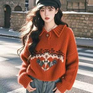 레드 라펠 카툰 스웨터 여성 2025 신상 봄가을 루즈 아우터웨어