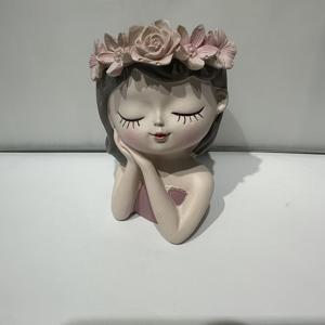 창의적인 소녀 머리 초상화 다육이 꽃병, 귀여운 만화 데스크탑 레진 장식품, 간편한 가정용 발코니 녹색 식물 꽃병