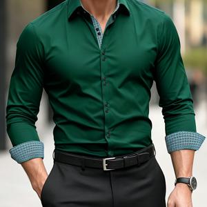 다크 그린 대비되는 깨진 플로럴 안감 긴팔 남성 셔츠, 라펠 롤업 커프스 비즈니스 캐주얼 셔츠, 단색 슬림핏 통근복 남성 상의