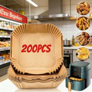 200개 논스틱 에어프라이어 베이킹 종이 패드, 그릴, 전자레인지 사용 가능 - 일회용 내열 시트, 기름 및 방수, 크리스마스, 부활절, 휴일 선물용, BBQ 라이너용, 간편한 세척 소재