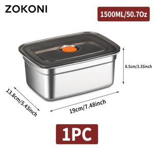ZOKONI 은색 스테인리스 스틸 도시락통 1개 1500ml, 뚜껑 포함, 직사각형 식품 보관 용기, 검은색 뚜껑과 주황색 중앙 버튼, 밀대, 밥, 파스타, 샐러드, 과일, 간식, 직장 도시락 및 피크닉 식사용