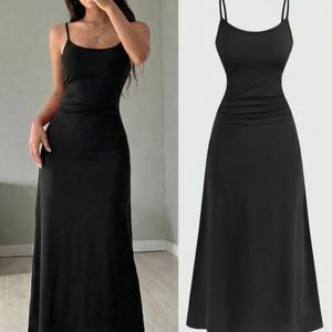 청소년 여아 봄/여름 패션 슬림핏 허리 집는 블랙 캐미솔 롱 드레스, 얇은 스트랩 디자인, 슬리밍하고 우아함, 다용도, 데일리 캐주얼 웨어, 야외 활동, 휴가 등에 적합, 완벽한 선물, 십대용