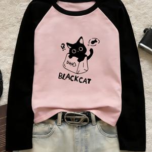 Y2K 여성용 라글런 긴팔 티셔츠 - BLACKCAT 미스즈 더 캣 패턴 (작은 물고기), 루즈핏 라운드넥 탑, 봄/가을 캐주얼 셔츠, 편안한 원단 봄/여름 신상 가을/겨울 신상 여성 컬러 블록 라글런 긴팔 티