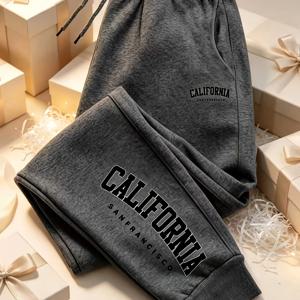남성용 웨스트코스트 스타일 헤더 그레이 커프스 조거 팬츠, 가슴 미니 로고 + 다리 대형 CALIFORNIA 아치 슬로건 프린트, 100% 폴리에스터 주름 방지 통기성 드로스트링 스웨트팬츠, 여행 휴가용