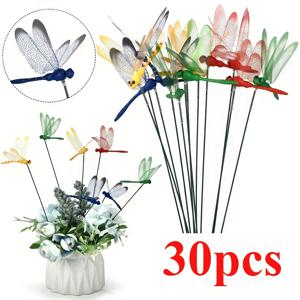 야외용 3D 잠자리 & 꽃 정원 장식 30개 팩, 화분 포함 플라스틱 잠자리 장식, 파티오, 마당, 발코니, 수영장가에 적합, 조립용 경량 화분