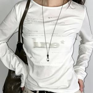 베이직 데일리 슬림핏 레터 프린트 긴팔 티셔츠, 26 봄/가을 스타일, 화이트, 레귤러 숄더, 크루넥, 긴팔, 가을 레터 프린트, 얇은, 루즈핏, 이너 레이어 베이스 탑