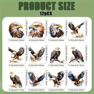 12 Eagle DTF 전사 스티커, 워셔블 열전사 디자인, 티셔츠, 마스크, 청바지, 백팩용 다리미 없는 데칼