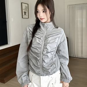 2026 봄/가을 신상 한국 스타일 주름 스탠드 칼라 여성용 숏 자켓, 경량 지퍼 방풍 재킷, 키 작은 여성을 위한 활용도 높은 아우터웨어 상의, 쇼핑 및 캐주얼웨어용