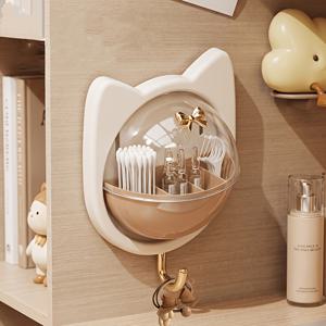 무타공 고양이 테마 벽걸이 수납함, 귀걸이 및 보석류용 고리가 있는 욕실 세면대 벽 선반, 세면대 립스틱 및 메이크업 도구 정리함, 화장품, 헤어 타이, 샘플 수납용 라이트 럭셔리 만화 벽걸이 수납 바구니, 기숙사 및 욕실용 방진 수납함, 벽 손상 없는 무손상 접착식 부착