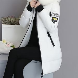 스타일리시한 단색 큰 칼라 후드 미디엄 기장 여성용 퀼팅 패딩 재킷, 라벨 장식, 긴 소매, 오버록 스티칭, 퀼팅, 지퍼 포켓, 루즈핏, 두꺼운 겨울 야외 방한 보온 패딩