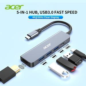 Acer USB C 허브 멀티포트 어댑터 (4K@ HDTV, 100W PD 고속 충전 포트, USB 3.0 및 USB 2.0 포트, Type C 동글 도킹 포함, Macbook , Ipad Pro, Surface, PC 노트북 호환)