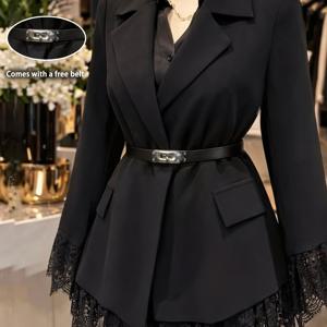벨트 허리 집어넣는 레이스 패치워크 1pc 여성용 캐주얼 우아한 불규칙 밑단 슬리밍 인성 출퇴근 벨트 오피스 다용도 탑 [NS702]