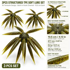 3개입 성게 모양 소프트 낚시 미끼, 10.5cm TPE 크리에처 베이트, 큰 촉수, 17mm 코어 및 내장형 훅 채널, 소프트 플라스틱 미끼, 베스, 파이크, 퍼치, 민물 낚시용, 호수, 강, 저수지, 수초 지대, 캐스팅, 지깅용