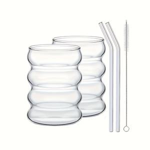 2/4/6개 세트, 350ml/11.8oz 고붕규산 유리 빨대 포함 커피컵, 물결무늬 빈티지 식기잔, 말차컵, 투명한 미적 유리잔. 물, 소다, 차, 주스, 커피, 우유, 말차에 적합. 완벽한 선물