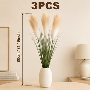 사실적인 인조 토끼꼬리풀/갈대풀/팜파스그래스 식물 3개 세트, 높이 31.5인치, 갈대꽃과 긴 푸른 잔초 잎 포함, 관리가 필요 없음 및 자외선 차단; 집, 발코니, 현관, 사무실, 포치 장식용으로 이상적