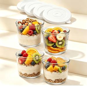 4개입 작은 유리 볼, 밀폐 뚜껑 포함, 6.8 Oz 투명 쌓을 수 있는 유리 용기, 디저트, 푸딩, 소스, 딥, 견과류, 오트밀, 사탕, 시리얼, 파티 및 가정 주방용 다용도 식품 보관 컵