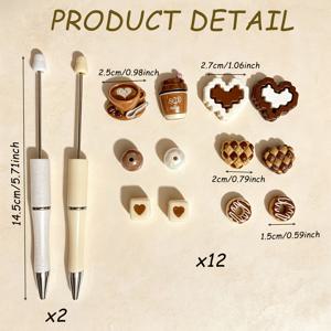 커피 브라운 하트 테마 볼펜 14개 세트, DIY 구슬펜 만들기 키트, 펜 2개 + 장식용 구슬 12개 포함, 사무실 및 학교용 공예 용품, 검정 잉크 젤펜, 하트 격자무늬 커피 테마 구슬펜, 조합 세트
