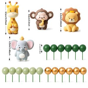 동물 케이크 장식 19개 세트, 사자, 코끼리, 기린, 원숭이 및 기타 피규어와 초록색 및 황금색 구형 장식품 포함. 야생동물 테마 생일 케이크 장식, 정글 동물 케이크 장식, 할로윈, 크리스마스 장면 장식용으로 적합