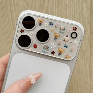 귀여운 만화 곰돌이 케이크 작은 꽃 달콤한 스티커 및 렌즈 필름, 아이폰 17 Pro Max 카메라 렌즈 보호 커버 (애플 18 Pro Max 후면 렌즈 스티커 꽃 17 Pro)