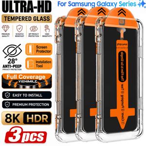 3개 먼지 없는 프라이버시 강화유리 액정 보호필름, 삼성 갤럭시 S22 5G/S22+ 5G/S23/S23+/S24/S25/S26/플러스/울트라/S25 엣지 시리즈용, 28도 잠망금지 액정 보호필름, 지문 센서 잠금 해제, 보호