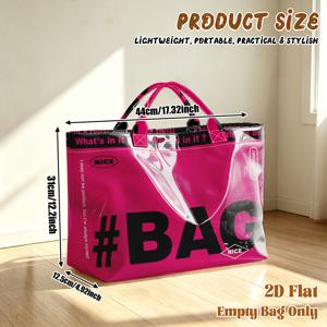 2D 플랫, 1개 볼드 핑크 #BAG 디자인 텍스트 재사용 가능한 쇼핑백, PVC 대용량, 강화 손잡이 장식, 직장, 캠퍼스, 캐주얼 행사용, 다용도 디자인, 선생님 선물