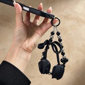 다크 고딕 블랙 튤립 패브릭 휴대폰 랜야드, 블랙과 실버리 대비 비즈 팔찌 스타일 리본매듭 디자인 스트랩, 독특한 니치 액세서리, 휴대폰, 열쇠, 가방용 다용도 장식 펜던트